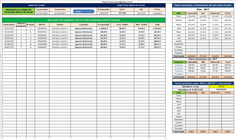 Plantilla Suma Cantidades De Facturas Aut Nomos Con Iva E Irpf Excel